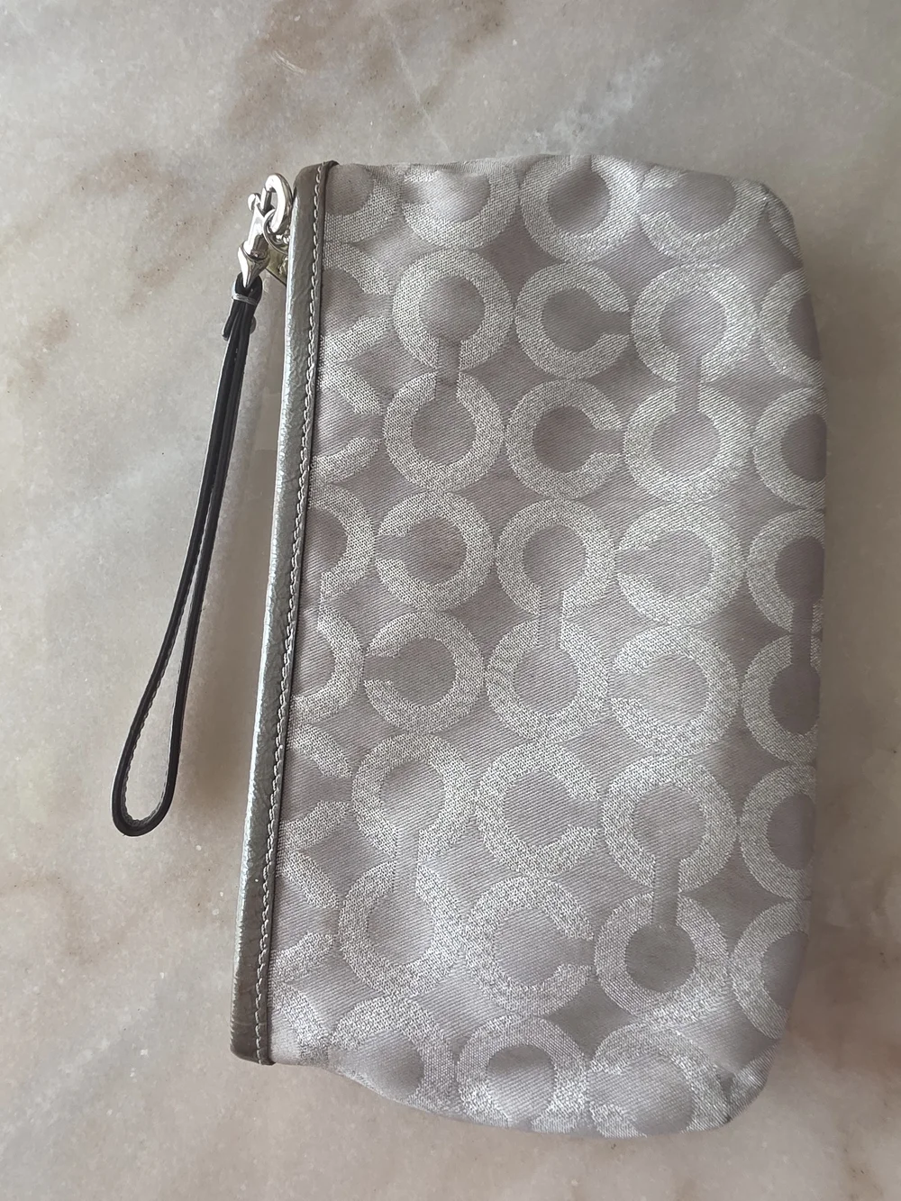 Coach Metallic Silver Signature Satin Wristlet with Dark Trim
